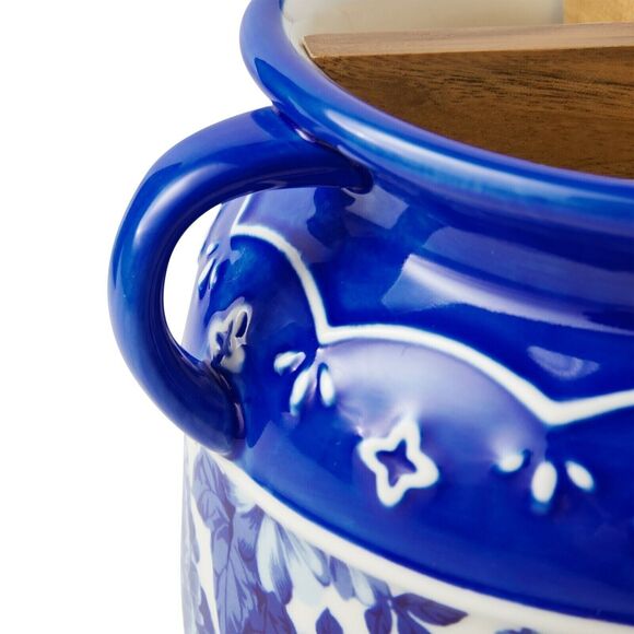 Pioneer Woman Heritage Floral Utensil Crock Blue Red Stoneware Wood Insert - Picture 4 of 4